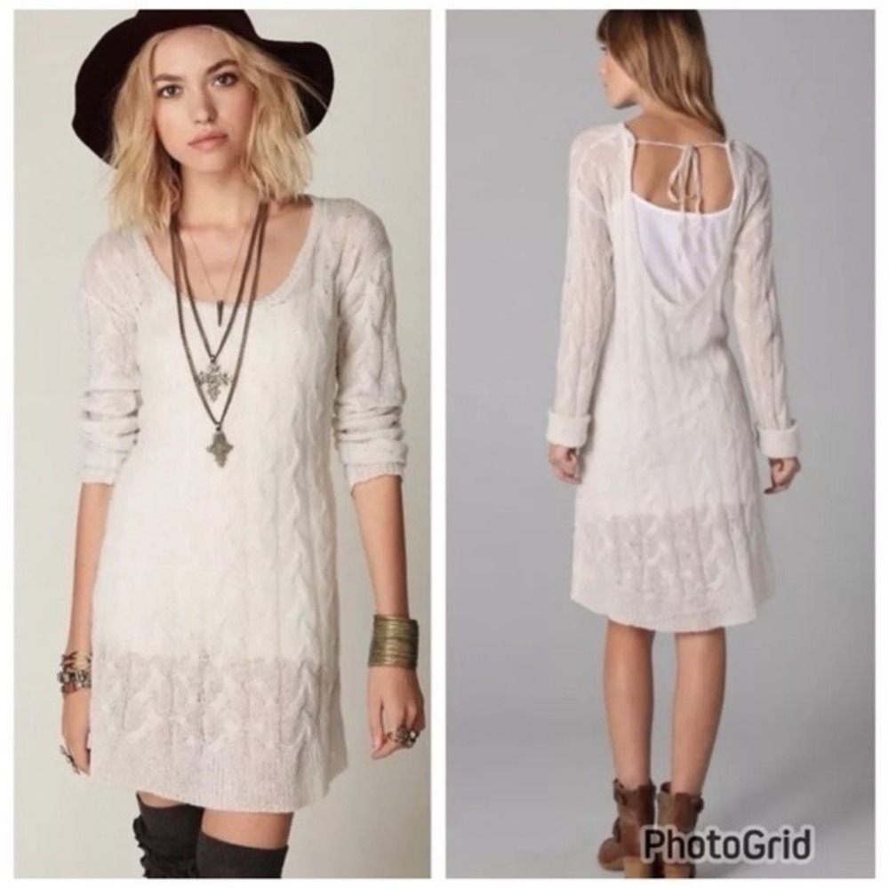 Free People Ivory Cable Knit Open Back Alpaca Wool Blend‎ Sweater Dress Large